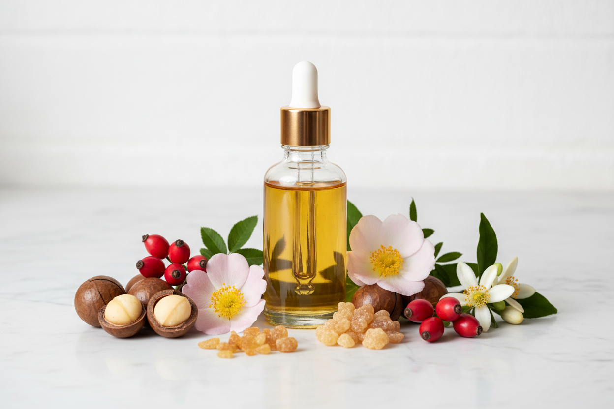 BLEND FACIAL
Nutrição Profunda • Rejuvenescimento • Aroma Luxuoso
Composição Base – Óleos Vegetais (60 ml)
Óleo Vegetal de Macadâmia
Rico em vitaminas A, B e E • Nutritivo • Emoliente natural • Ideal para peles maduras e ressecadas
Óleo Vegetal de Rosa Mosqueta
Regenerador • Rico em ácidos graxos e vitaminas A e C • Suaviza linhas finas, manchas e marcas do tempo
Óleos Essenciais Nobres
Fórmula aromática refinada e segura para uso facial diário:
Óleo Essencial de Olíbano
Óleo Essencial de Néroli
Ól