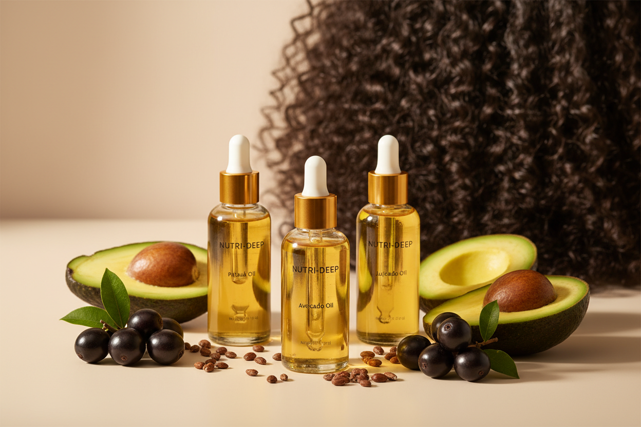 Blend Nutri‑Deep
Complexo nutritivo e selador para cabelos grossos e cacheados
Composição: Óleo de Patauá + Óleo de Abacate + Óleo de Jojoba
Volume sugerido: 250 ml
Por que o Blend Nutri‑Deep faz a diferença
O Blend Nutri‑Deep foi formulado pensando em fios grossos, ondulados ou cacheados que precisam de nutrição profunda sem perder leveza ou definição. A combinação equilibrada destes três óleos garante penetração nas camadas internas da fibra, selagem das cutículas e controle de frizz — promovendo bril