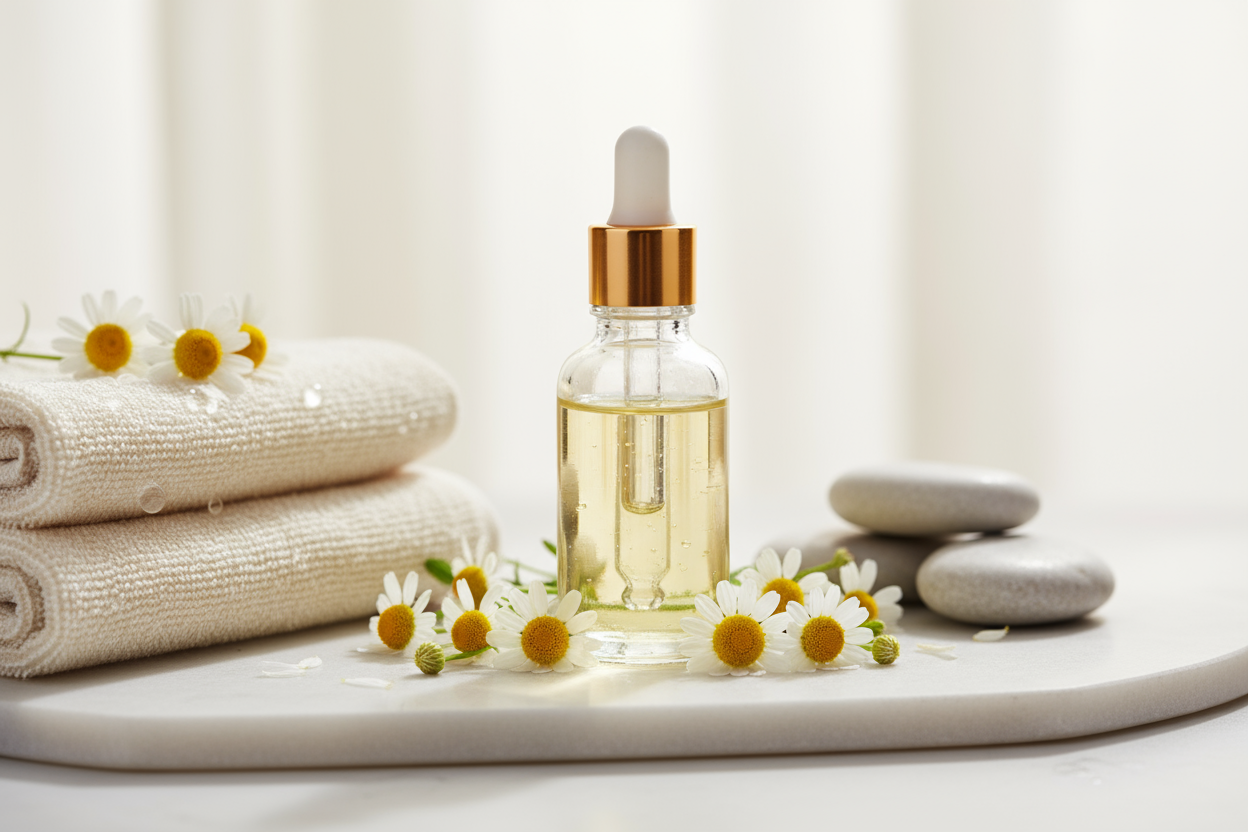 Óleo Essencial de Camomila Romana: acalma, hidrata e suaviza peles sensíveis. Ideal para massagens relaxantes, difusores e cosméticos naturais.