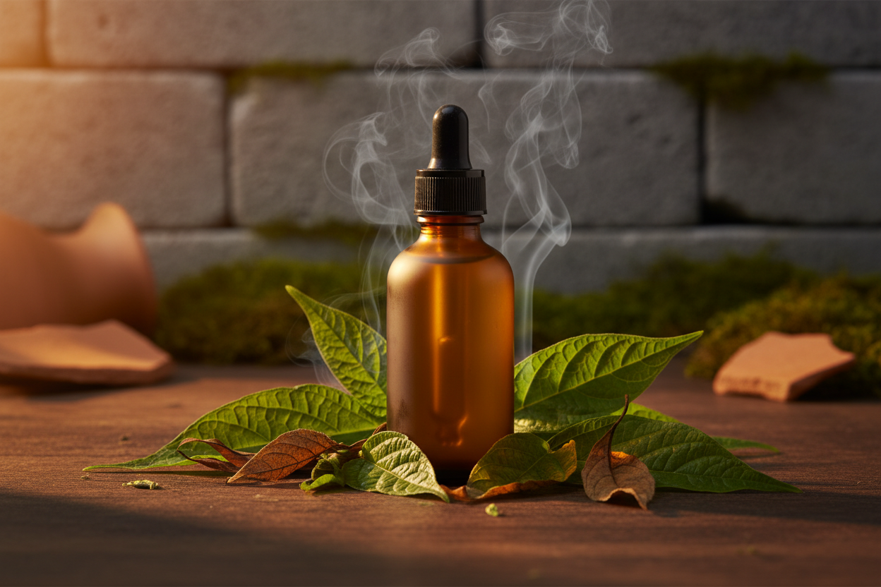 Óleo Essencial de Patchouli
Aroma marcante, terroso e sensual com ação regeneradora, calmante e afrodisíaca — ideal para pele, ambiente e bem-estar emocional
Nome INCI: Pogostemon Cablin Leaf Oil
NCM: 3301.29.90
CAS: 8014-09-3
Parte utilizada: Folhas secas
SEM TEXTO NA IMAGEM
Método de extração: Destilação a vapor
Origem: Indonésia / Índia / Brasil