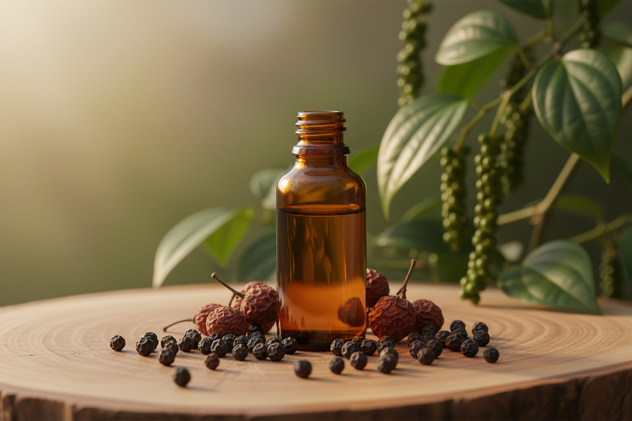 Óleo Essencial de Pimenta Preta
Ação estimulante, analgésica e termogênica. Indicado para dores musculares, circulação e foco mental.
Nome Botânico: Piper nigrum
Parte Utilizada: Frutos (sementes secas)
Método de Extração: Destilação a vapor
Origem: Índia / Indoné sia
NCM: 3301.29.90
imagem sem texto
CAS: 8006-82-4
INCI: Piper Nigrum Fruit Oil