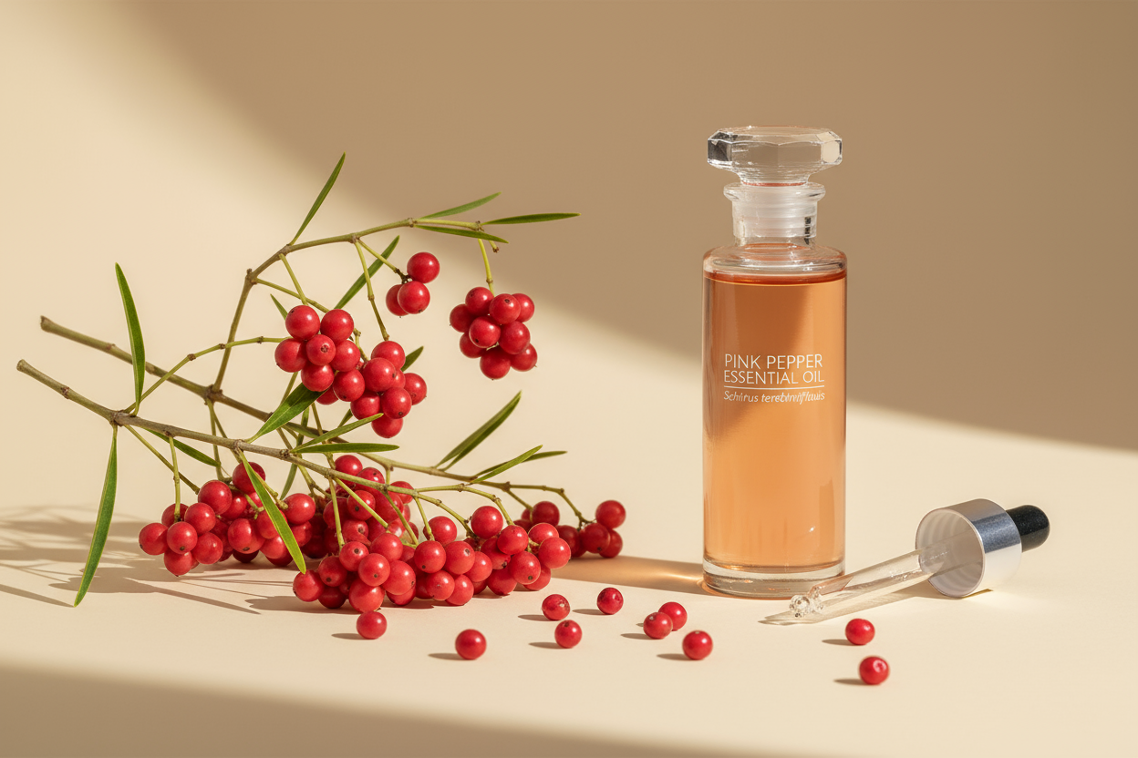 Óleo Essencial de Pimenta Rosa
Ingrediente aromático, tonificante e revitalizante para uso cosmético, industrial e aromático
Nome Científico: Schinus terebinthifolius
NCM: 3301.29.19
Parte Utilizada: Frutos maduros (bagas rosadas)
Método de Extração: Destilação a vapor
INCI Name: Schinus Terebinthifolius Fruit Oil
Outros Nomes Populares: Pimenta Rosa, Aroeira-vermelha, Brazilian Pepper