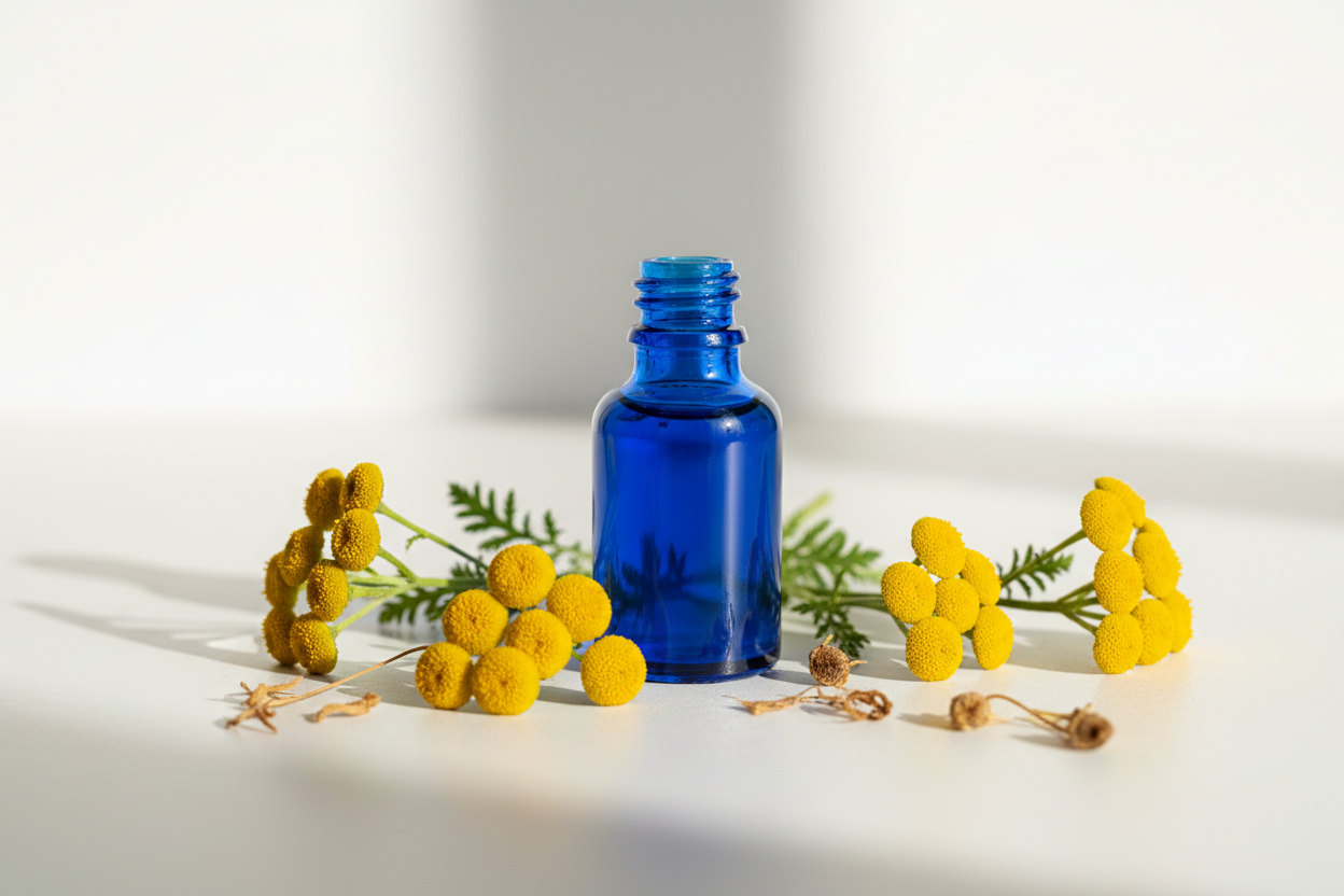 ÓLEO ESSENCIAL DE TANACETO AZUL
Tanacetum annuum – 100% puro e natural
Imagem sem nada escrito
Calmante profundo • Anti-inflamatório potente • Azul-cobalto terapêutico
O Óleo Essencial de Tanaceto Azul é um dos óleos mais raros e preciosos da aromaterapia. Extraído das flores da planta Tanacetum annuum, ele possui coloração azul intensa devido à presença do camazuleno, um componente com potente ação anti-inflamatória e regeneradora. Seu aroma é doce, herbáceo e levemente frutado, ideal para promover alívio