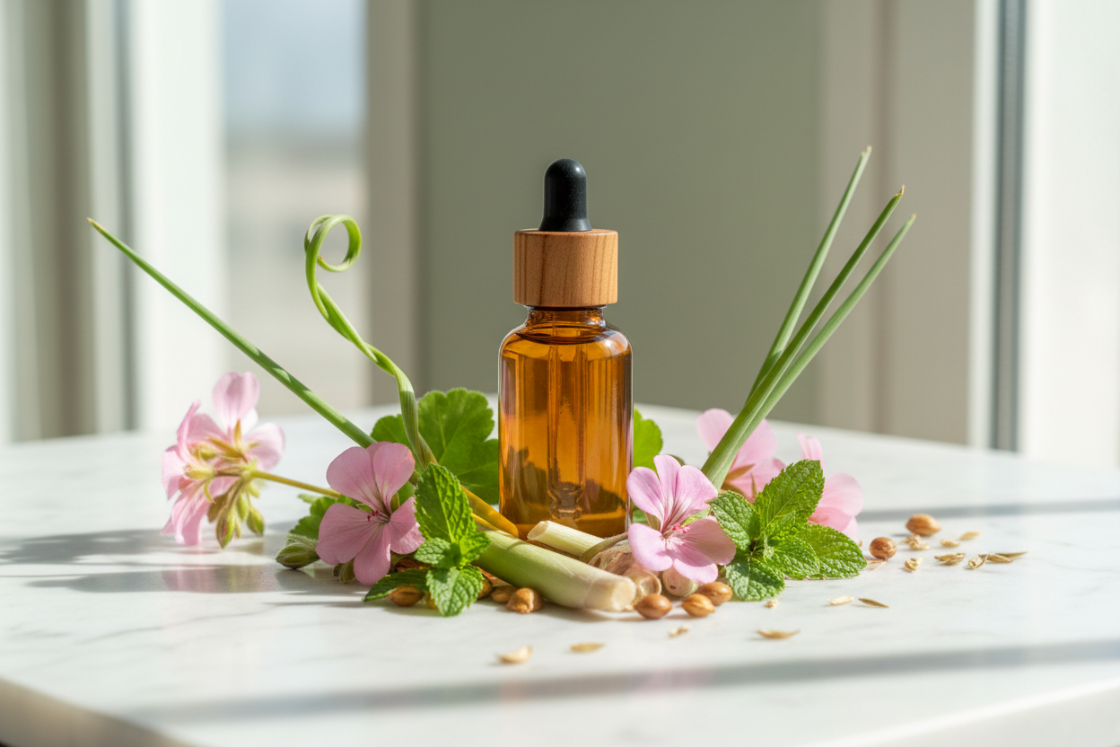 Sinergia para Suporte da Tireoide
SEM TEXTO NA IMAGEM
Sinergia Aromaterapêutica para Suporte da Tireoide
Finalidade
Blend funcional composto por óleos essenciais e óleo vegetal de jojoba, desenvolvido para auxiliar no equilíbrio da função tireoidiana e promover bem-estar físico e emocional.
Óleo Vegetal de Jojoba (Simmondsia chinensis)
Óleo Essencial de Gerânio (Pelargonium graveolens)
Óleo Essencial de Capim Limão (Cymbopogon flexuosus)
Óleo Essencial de Menta Piperita (Mentha piperita)
Óle