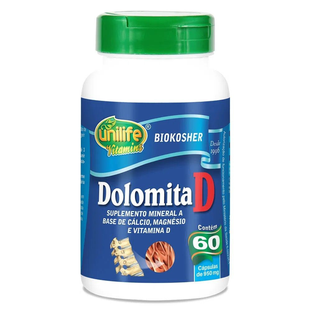 Dolomita (Vitamina D) Unilife - Frasco com 60 Cápsulas de 950mg - Mundo dos Óleos