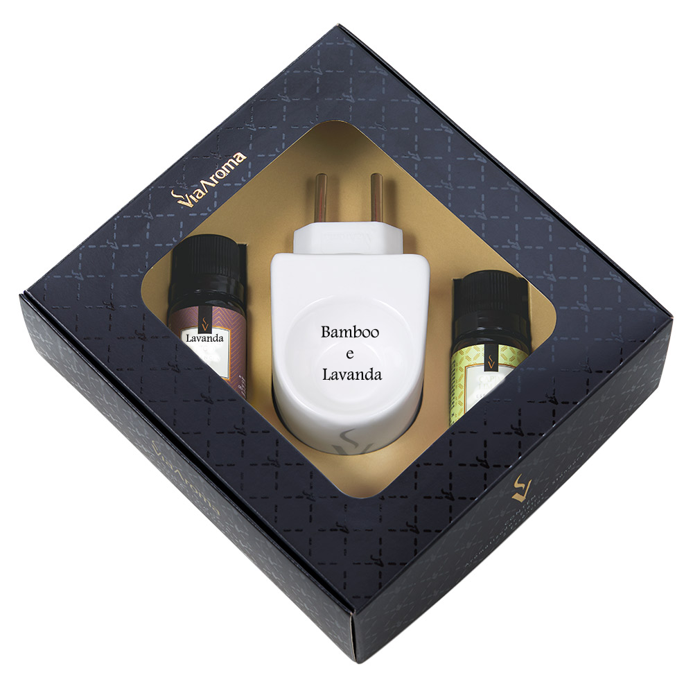 Kit Presente Aromatizador de Porcelana com Essências - Bamboo e Lavanda - Via Aroma - Mundo dos Óleos