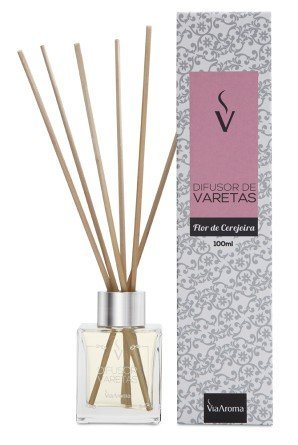 Difusor de Varetas - Flor de Cerejeira - Via Aroma - Frasco com 100ml - Mundo dos Óleos