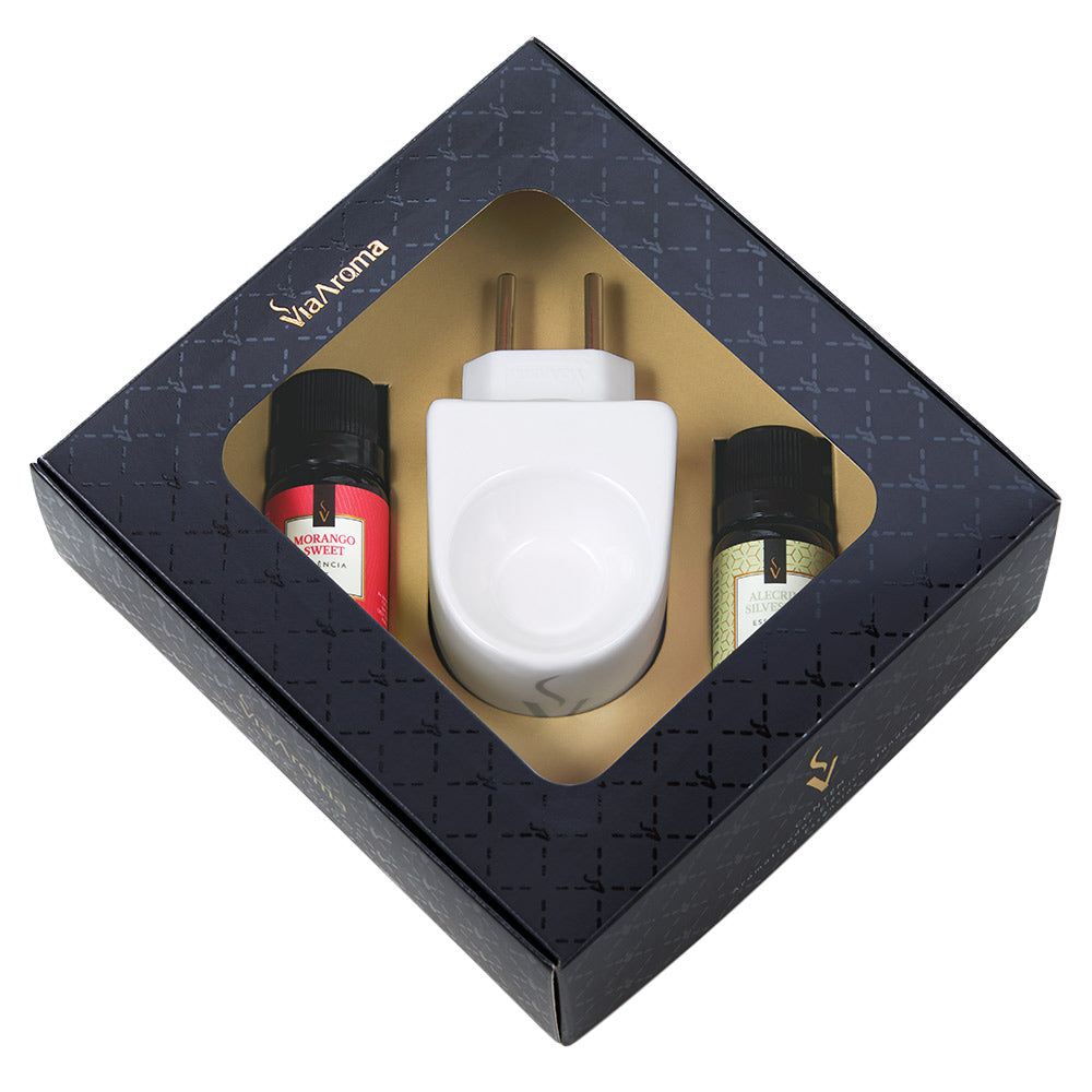 Kit Presente Aromatizador de Porcelana com Essências - Alecrim Silvestre e Morango Sweet - Via Aroma - Mundo dos Óleos