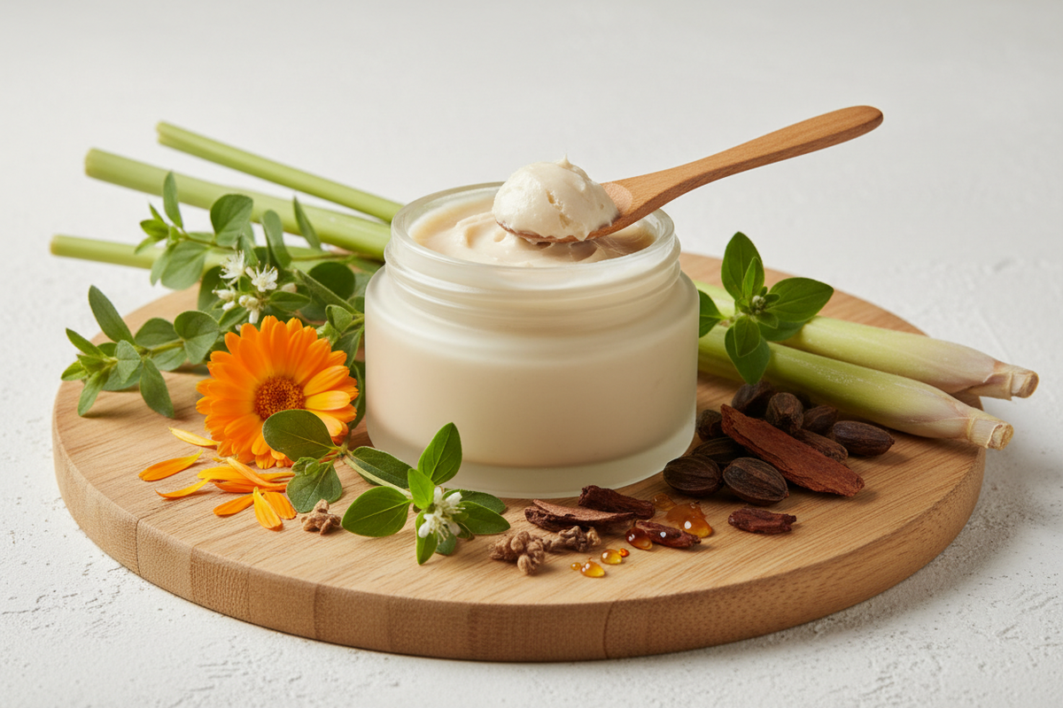 A Manteiga Antibactericida e Antifúngica foi desenvolvida com ativos 100% vegetais para auxiliar na prevenção e no combate a infecções cutâneas, micoses, frieiras, assaduras e irritações de pele. Sua base contém manteiga de calêndula, associada aos óleos vegetais de sucupira e copaíba, potencializados por uma sinergia de óleos essenciais de melaleuca, orégano e capim-limão, reconhecidos por sua ação antisséptica, antimicrobiana e cicatrizante.
Imagem sem nada escrito