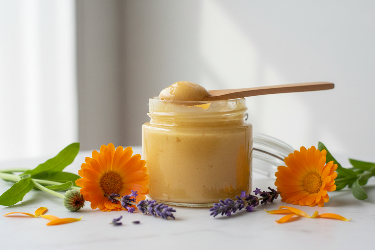 A Manteiga de Calêndula com Lavanda é uma sinergia vegetal que combina as propriedades cicatrizantes e anti-inflamatórias da Calêndula (Calendula officinalis) com o poder calmante e aromático do Óleo Essencial de Lavanda (Lavandula angustifolia). Indicada para hidratação intensa de peles sensíveis, secas, inflamadas ou com tendência a dermatites, promove uma sensação imediata de alívio, conforto e maciez.
Imagem sem nada escrito