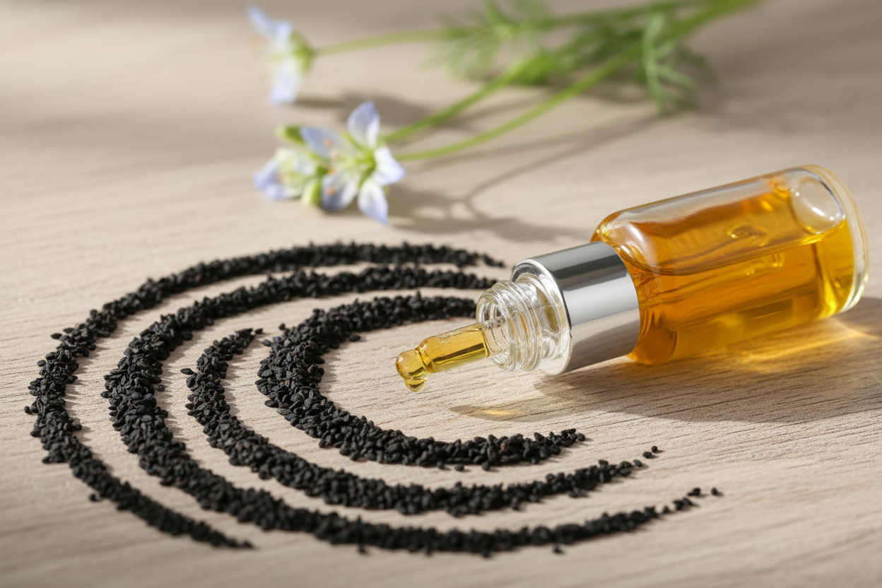 Extrato Oleoso de Cominho Preto
Ação antioxidante e regeneradora para pele e cabelo

Nome Científico: Nigella sativa

Parte Utilizada: Sementes

CAS Number: 90064-32-7

INCI Name: Nigella Sativa Seed Extract (and) Helianthus Annuus (Sunflower) Seed Oil
sem texto na imagem
Método de Produção: Maceração das sementes em óleo vegetal