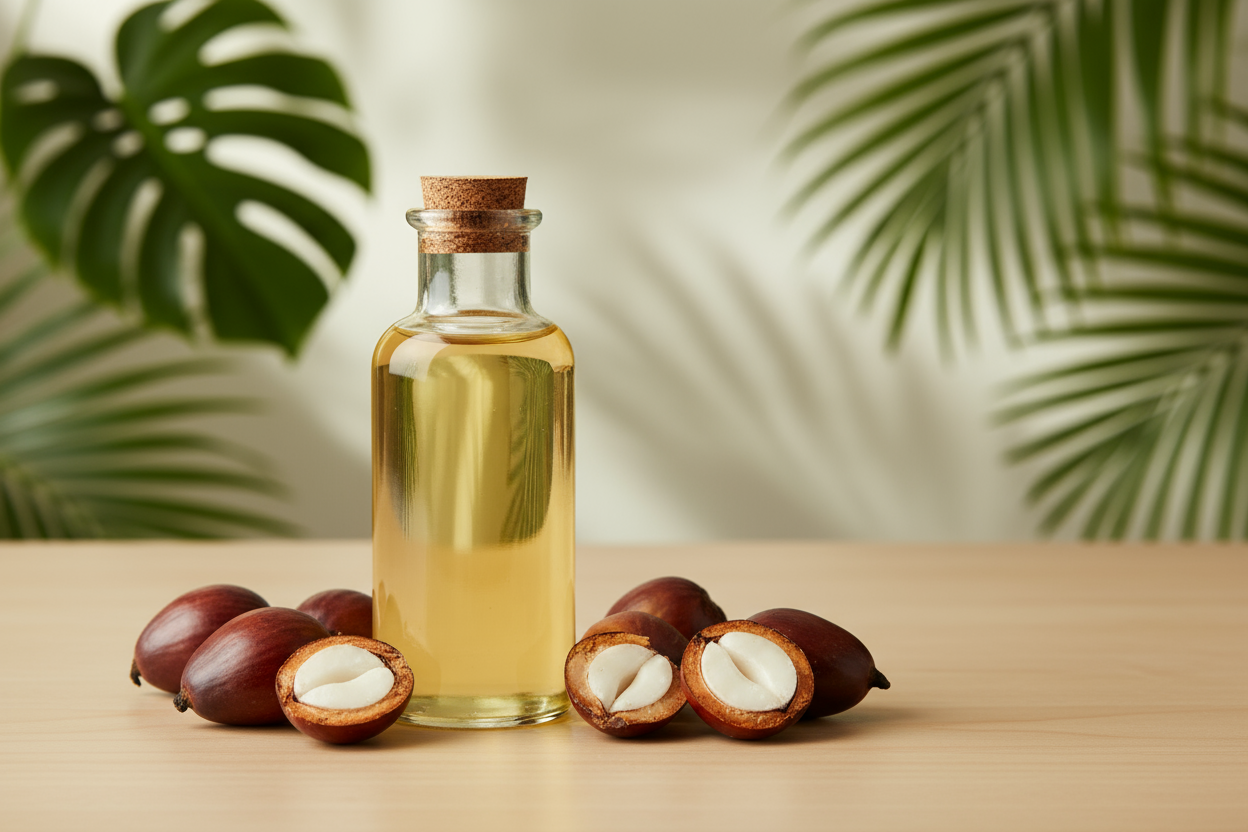 Óleo de Coco Babaçu Prensado a Quente
Óleo vegetal extraído da amêndoa do babaçu por calor controlado, com alto teor de ácido láurico e ampla aplicação cosmética e industrial

Nome Científico: Orbignya phalerata

NCM: 1513.29.10

Método de Extração: Prensagem a quente

INCI Name: Orbignya Phalerata Seed Oil
sem texto na imagem
Parte Utilizada: Amêndoas (sementes)

Aspecto: Óleo claro, com leve aroma característico de coco