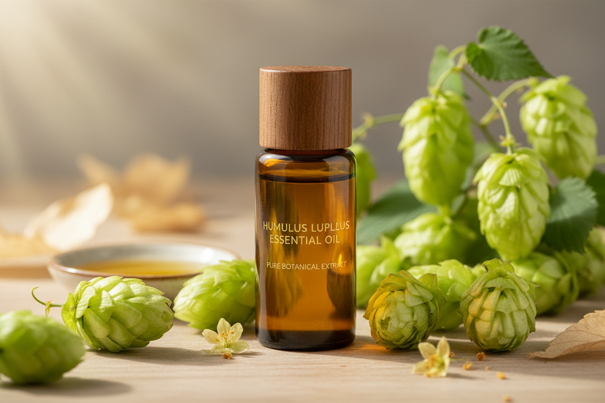 Óleo Essencial de Lúpulo

Nome botânico (INCI): Humulus lupulus Oil
CAS: 8007-04-3
Parte utilizada: Flores femininas (cones)
Método de extração: Destilação a vapor
Origem: Estados Unidos
Pureza: 100% puro e natural, sem aditivos

Características Físico-Químicas
Aparência: Líquido oleoso amarelo a âmbar
Odor: Amadeirado, herbáceo, terroso e levemente amargo
Solubilidade: Solúvel em água. Solúvel em óleos e solventes orgânicos
Densidade: 0,870 – 0,900 g/mL