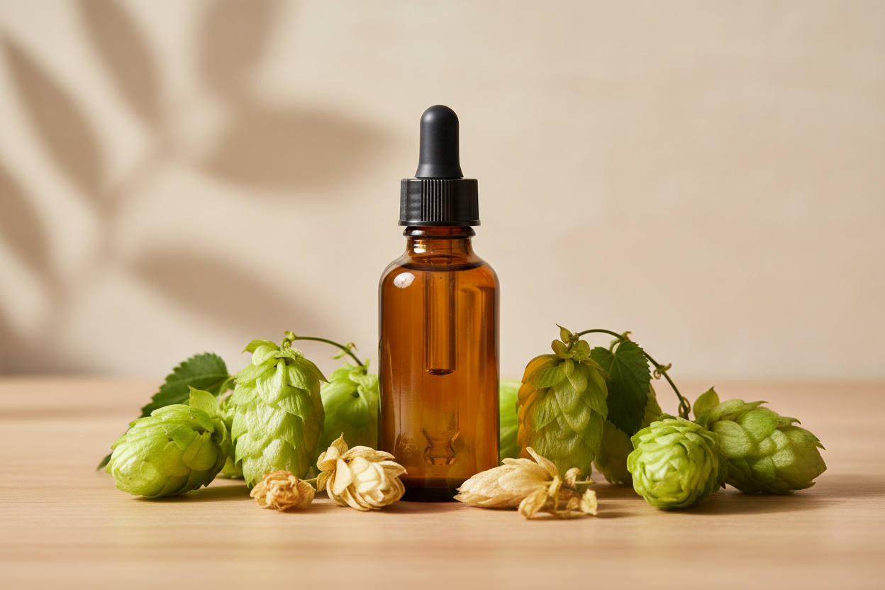 Óleo Essencial de Lúpulo

Nome botânico (INCI): Humulus lupulus Oil
CAS: 8007-04-3
Parte utilizada: Flores femininas (cones)
Método de extração: Destilação a vapor
Origem: Estados Unidos
Pureza: 100% puro e natural, sem aditivos

Características Físico-Químicas
Aparência: Líquido oleoso amarelo a âmbar
Odor: Amadeirado, herbáceo, terroso e levemente amargo
Solubilidade: Solúvel em água. Solúvel em óleos e solventes orgânicos
Densidade: 0,870 – 0,900 g/mL