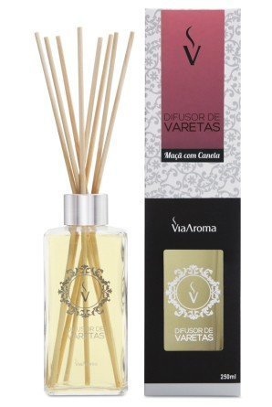 Difusor de Varetas - Maçã com Canela - Via Aroma - Frasco com 250ml - Mundo dos Óleos
